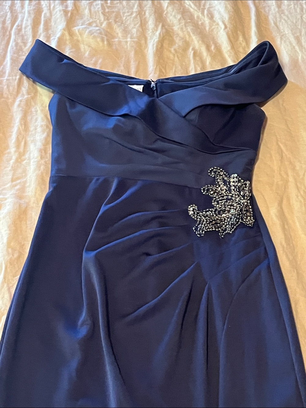 Oleg Cassini Navy Off-Shoulder gown with Beaded Applique - Picture 8 of 8